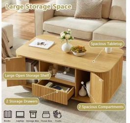 46.5'' Fluted Coffee Table with Storage for Living Room,Modern Oval Center Table with 2 Drawers,Open Shelf & 2 Compartments,Living Room Table with Cur