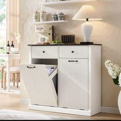 NEW - Modern Double Tilt-Out Laundry Hamper Cabinet, 20 Gallon Fluted Trash Can Cabinet w/2 D