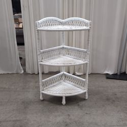 White Wicker Three-Tier Corner Shelf