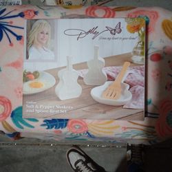 Salt & Pepper Shaker And Spoon Rest Guitar Shaped