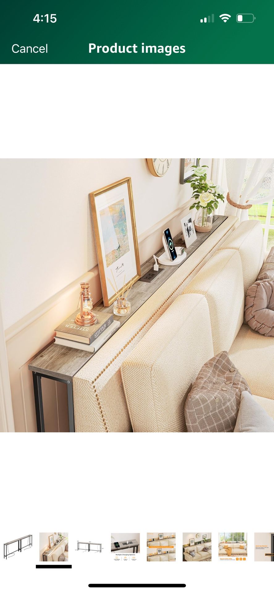 Narrow behind the couch charging station console table with outlets