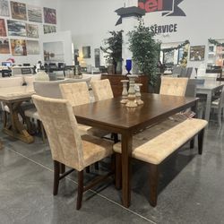 6 Pieces Dining room Set / Includes: Table , 4 Chairs and Bench 