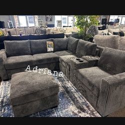 Dark Grey Corduroy 4- Pc Sectional With Ottoman Brand New