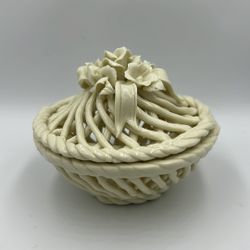 Vintage Ivory Capodimonte Covered Porcelain Wicker Basket with Flowers Weaved