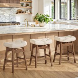 24''H Faux Leather Backless Saddle Stools, Ivory (Set of 3)