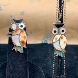 Vintage Handmade Southwestern Owl Ring & Pendant 925 Sterling Necklace