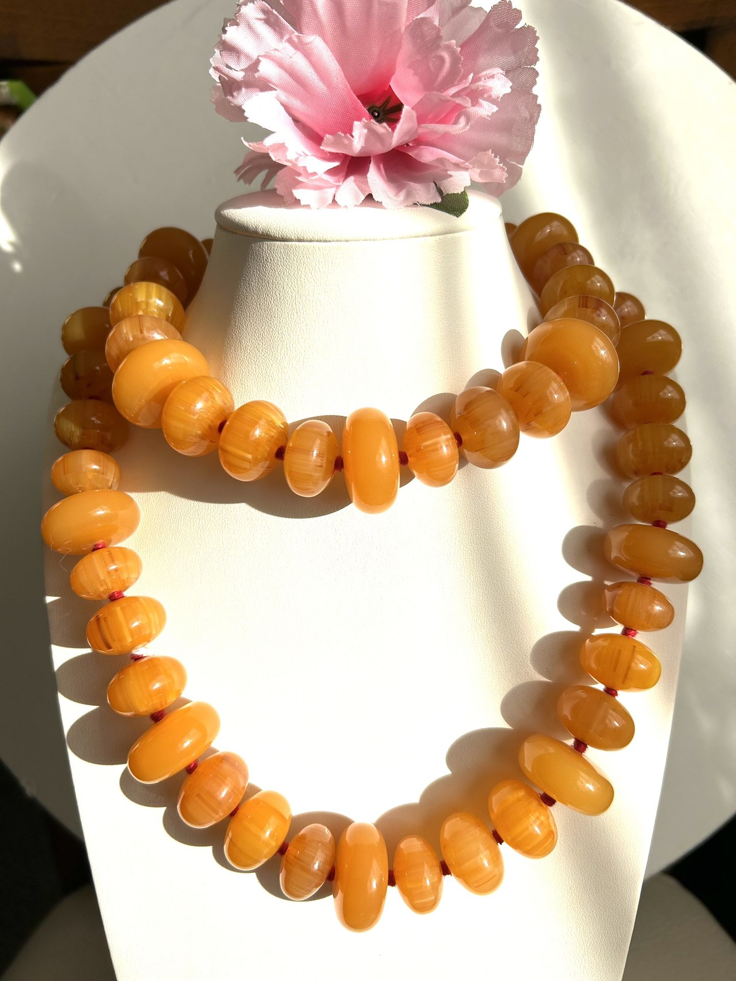 Vintage/Rare Shiny Hand knotted Beeswax Amber necklace 37”inch long