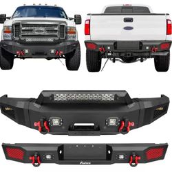 Front and Rear Bumper Sets Compatible with 2008-2010 F250-F550 Super Duty with Winch Plate, Sensor hole, Wiring Harness and LED Lights