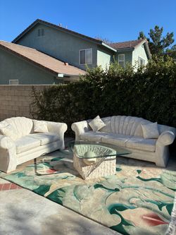 1980s Vintage Postmodern Art Deco Clamshell sofa and loveseat set