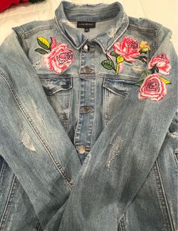 Lane Bryant Distressed Floral Embroidered Blue Jean Jacket