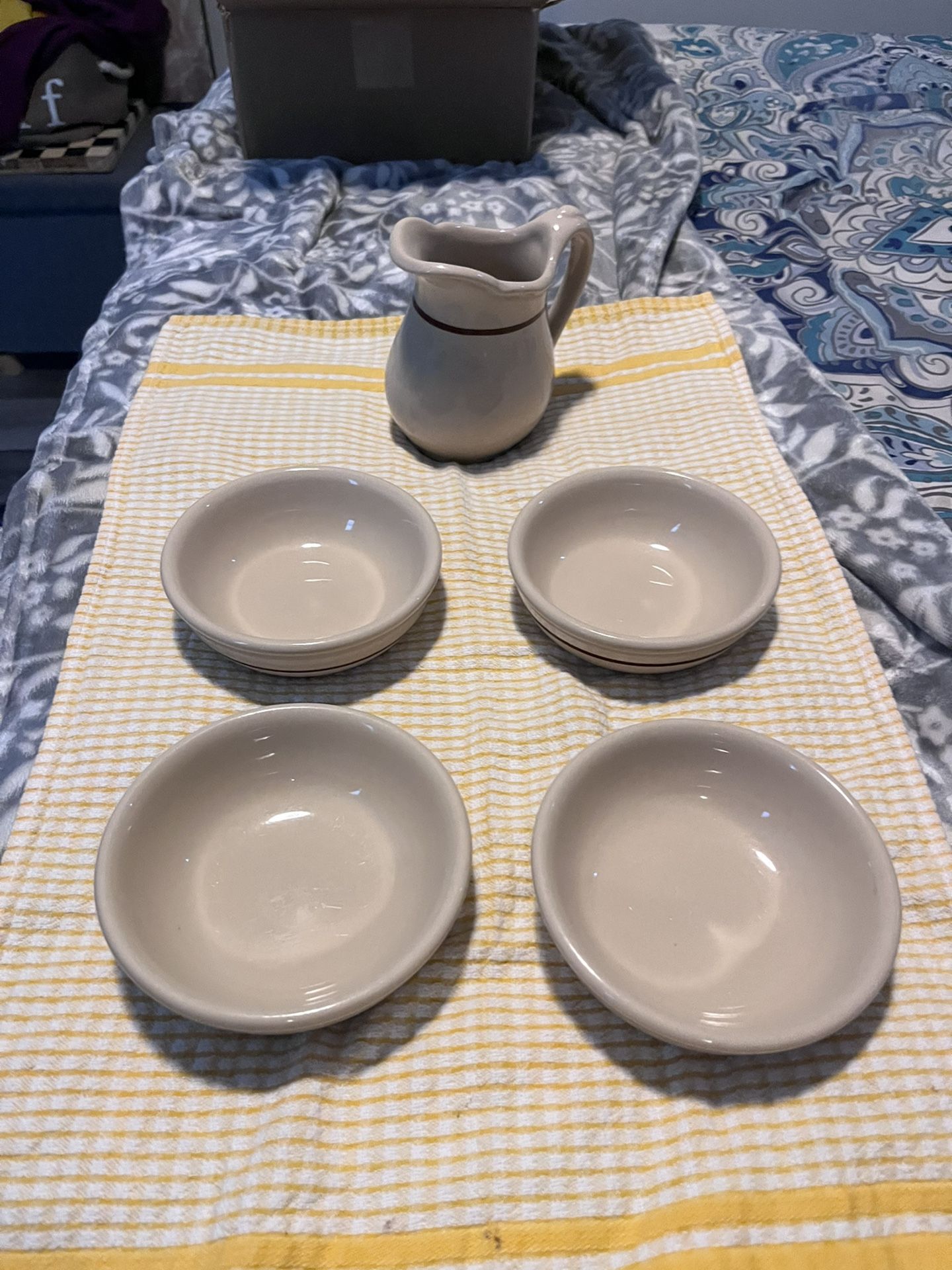 Buffalo China Pitcher Vintage Restaurant Ware Creamer Pitcher And 4 Small Plates 