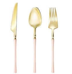 Lullaby 90pcs Gold Plastic Silverware, High End Disposable Cutlery With Pink Handle Include 30 Forks, 30 Spoons, 30 Knives, Elegant Disposable Silverw