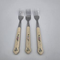 3 Pfaltzgraff Tea Rose Plastic Stainless Pink Blue Floral Dinner Forks Taiwan 8"