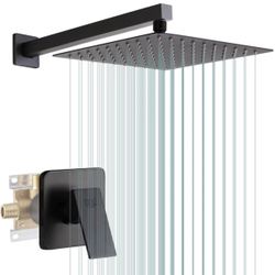 POP SANITARYWARE Matte Black Shower Faucet Set Bathroom Rainfall Mixer 10 Inch Shower Head System Single Handle Shower Trim Kit with Valve