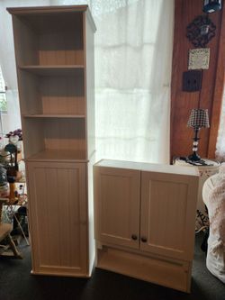 Bathroom linen cabinet & medicine cabinet green storage baskets 5' white beadboard wainscoting tower