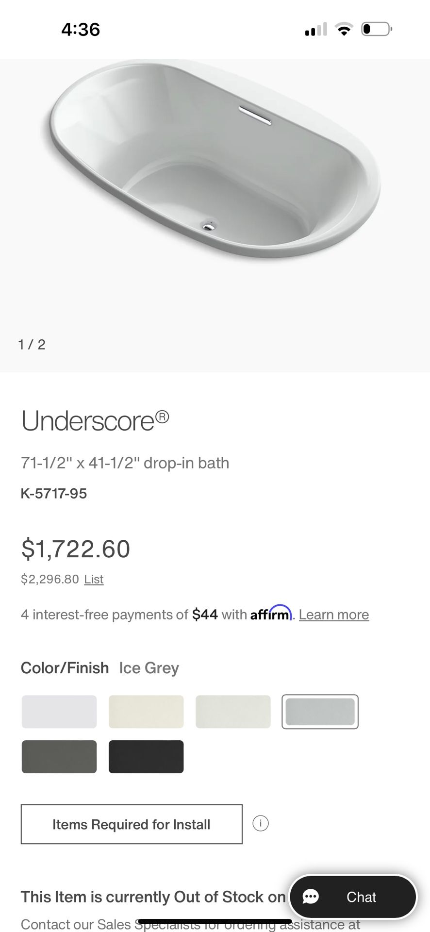 Kohler Underscore® 71-1/2" x 41-1/2" drop-in bath K-5717-95 Oval oversized soaking tub $650