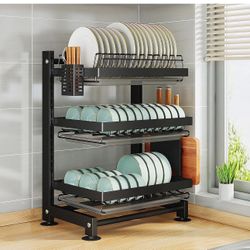 Dish Drying Rack, 3 Tier Dish Drainer with Drip Tray Cup Holder, Dish Rack with Utensil Holder, Large Capacity for Kitchen Countertop Saving Space