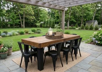 Solid Wood Outdoor Dining Table + 8 Metal Chairs