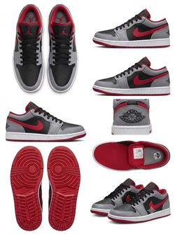 Nike Air Jordan 1 Low sneakers in a Black, Cement Grey, and Fire Red colorway