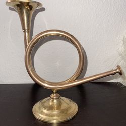 Vintage Solid Brass French Horn Candle Holder, roughly 9"x8"  #22 