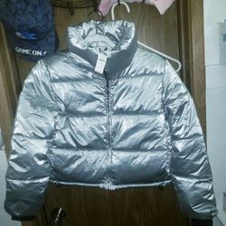 GAP Woman's Metallic Silver Puffer Jacket- NEW W/TAGS