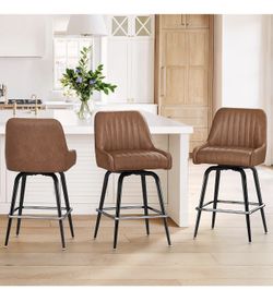 LUE BONA Brown Faux Leather 360° Swivel Counter Bar Stools - Set of 3