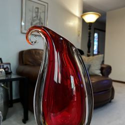 Stunning! Red Curl Art Glass Vase, Drop Shaped