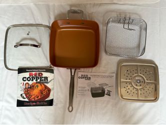 Red Copper Square 6-Piece Copper Cookware 5 Qt Nonstick Deep Pan, Fry Basket, Steamer