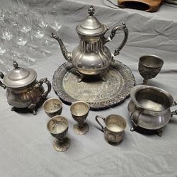 Vintage Ornate Silver-Plated Tea Service Set with Tray & Goblets – Grape Motif (OBO)