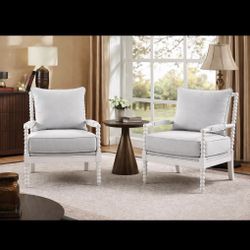 Set Of 2 White Spindle Accent Chair Upholstered Armchair with Thick Cushion and Wood Frame [NEW] **Assembly Req** 