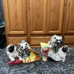 Vintage 1950’s Anthropomorphic Fluffy Puppy Dogs with Shoe and Broom pair of salt and pepper shakers.  Made in Japan.  Preowned .  Has been on display