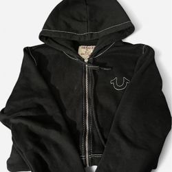 Black True Religion zip-up hoodie with white stitching, size M