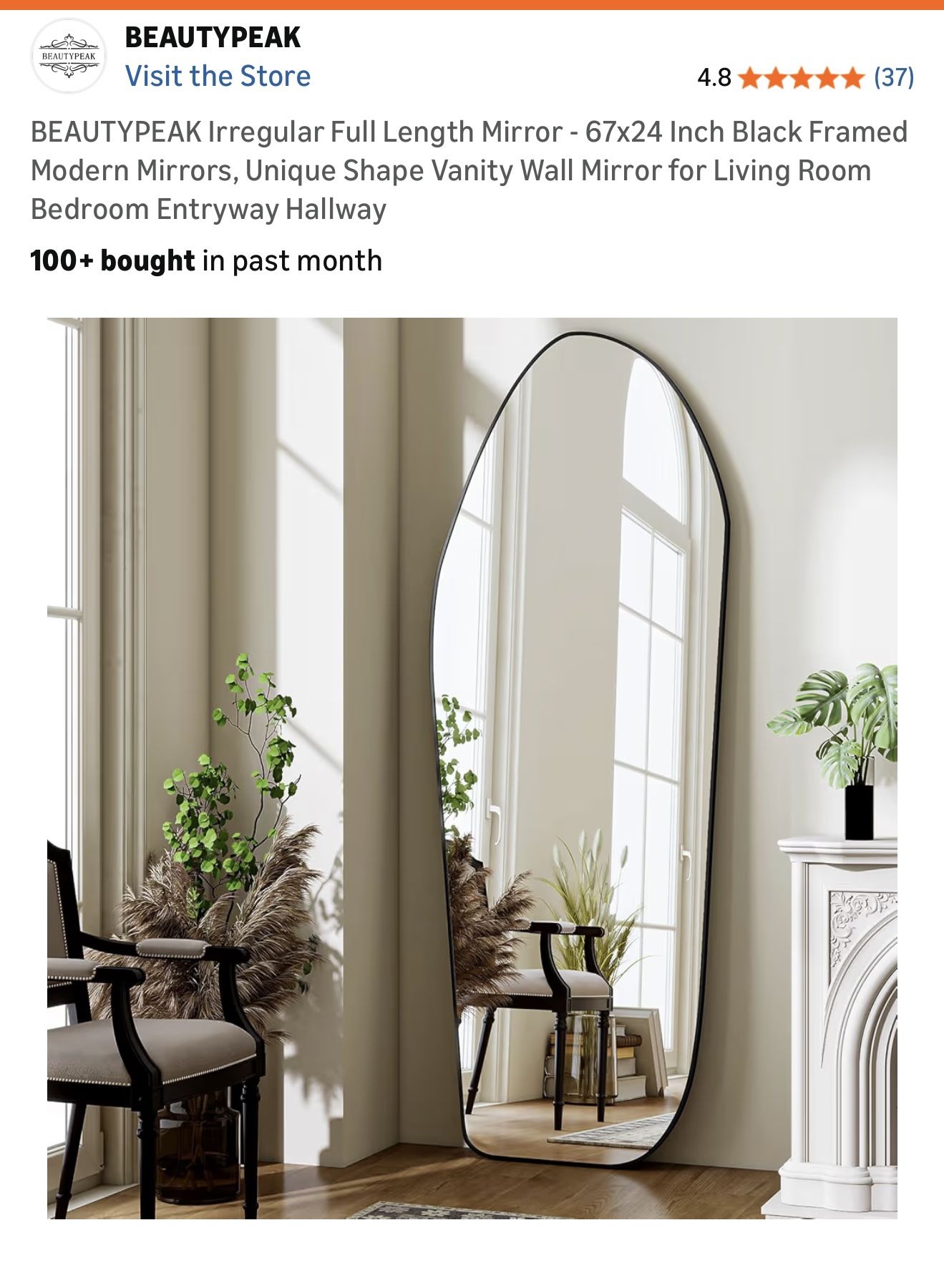 Irregular Full Length Mirror - 67x24 Inch Black Framed Modern Mirrors, Unique Shape Vanity Wall Mirror for Living Room