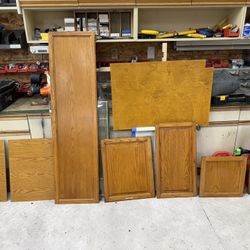 5 Oak Cabinet Doors, 2 Shelves, One Side Panel
