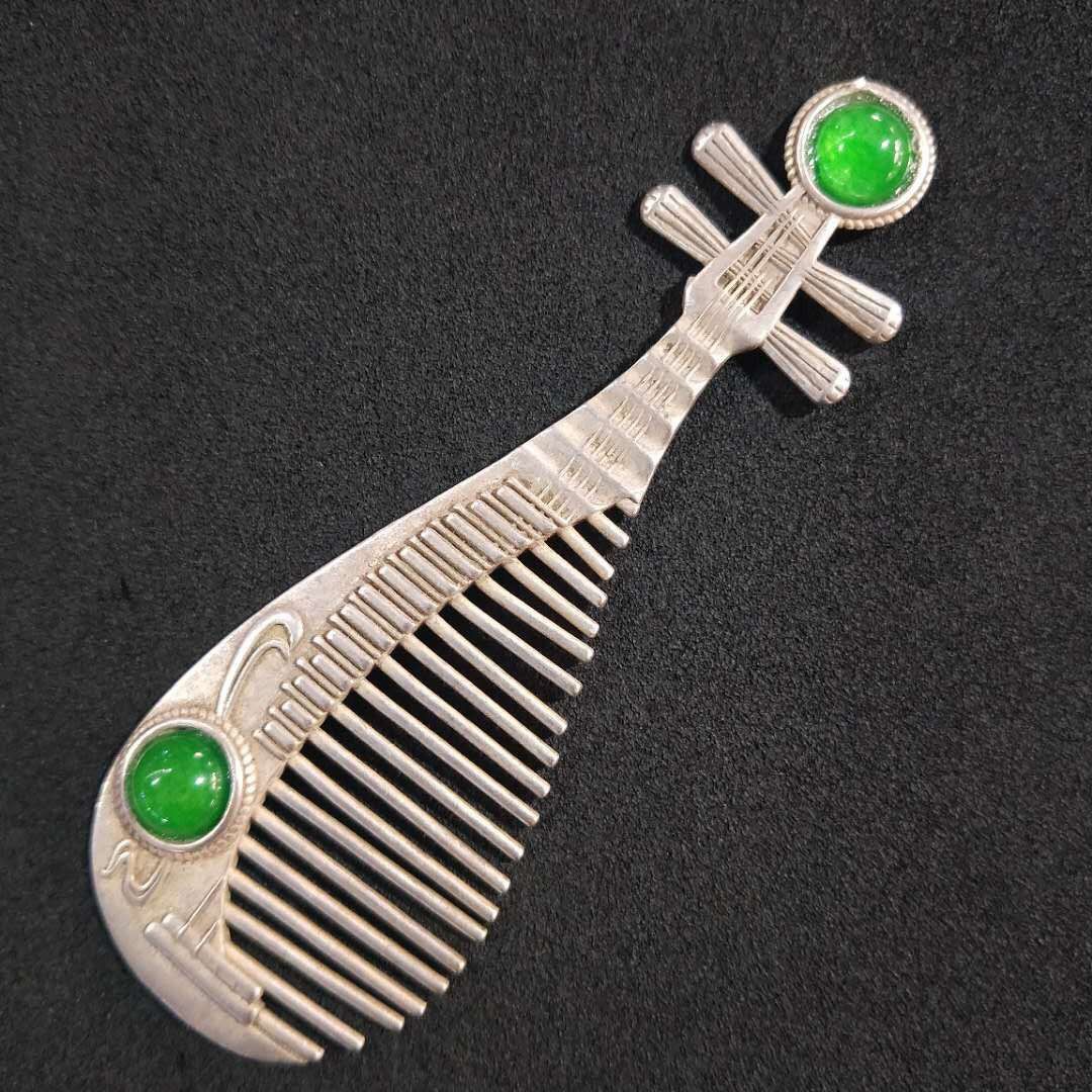 Silver-inlaid gemstone comb, vintage-style pipa comb, silver-plated white brass comb
