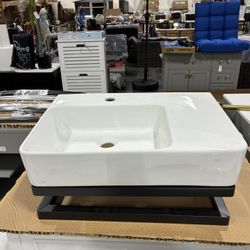 New Wall Mount Rectangular Vessel Sink w/ Towel Rack 21.5"x12.5" Modern Ceramic Bathroom NO Faucet 