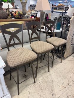 Set of 3 Metal Bar Stools with Upholstered Seats