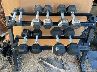 3-40lb hex rubber dumbbell set with rack