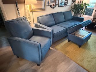 Blue Sofa + Matching Recliner & Storage Ottoman