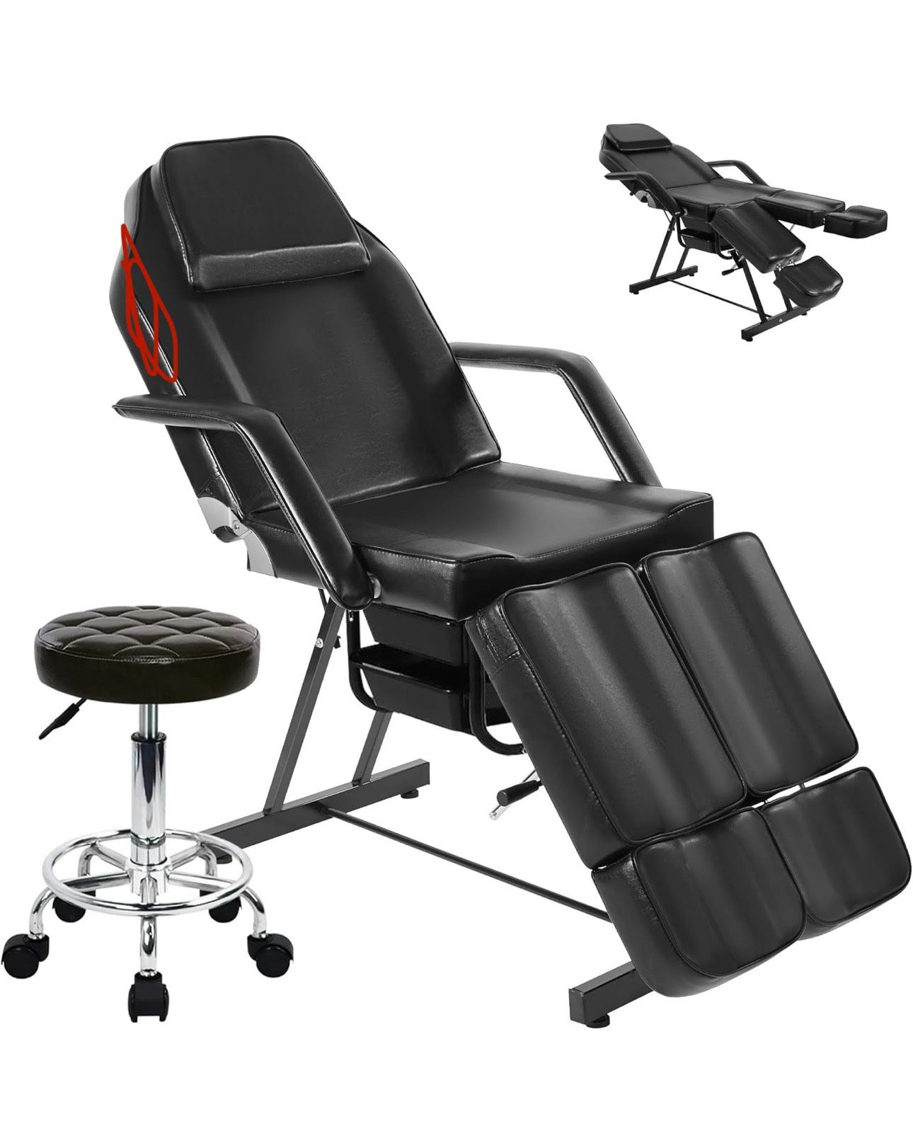 Tattoo Chair for Client, Facial Bed Esthetician Massage Headrest Table with Rolling Stool, Black