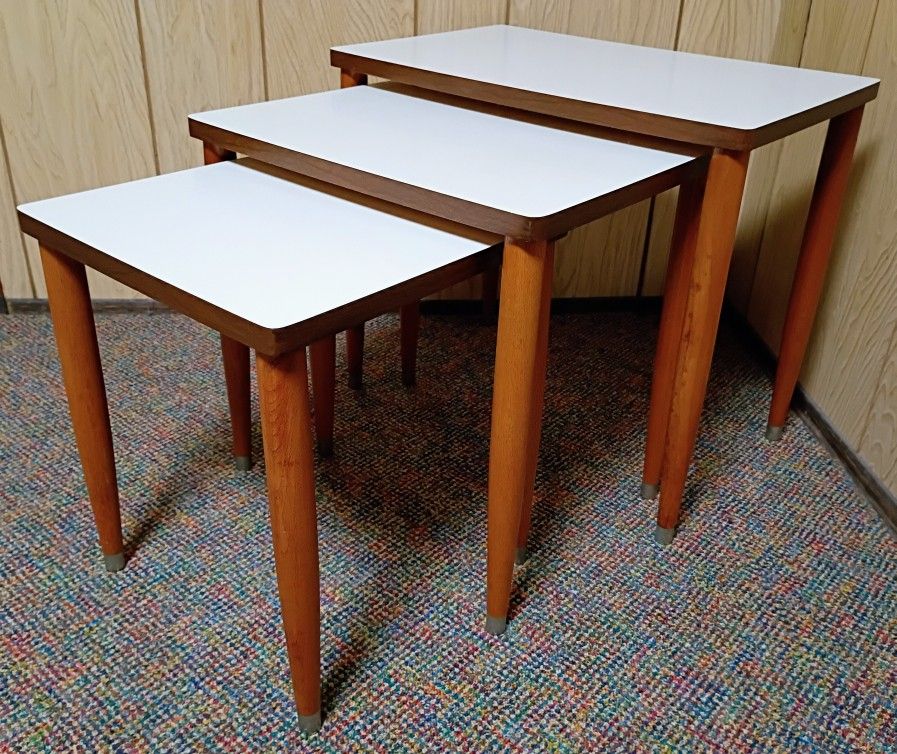 Mid Century Modern Vintage Nesting Tables Set of 3 - Space Age White Formica Tops