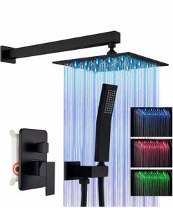 Shower Faucet Set Matte Black Rain Shower System With 12 Inch LED Square Rainfall Shower Head And And Handheld Spray Luxury Bathroom Shower Faucet Set