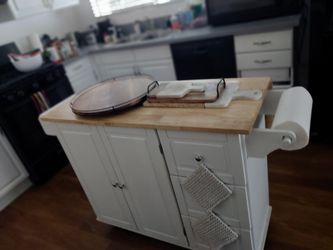 White Kitchen Island (on wheels) with Butcher Block Top, Seasoning wheel, and Cutting Boards