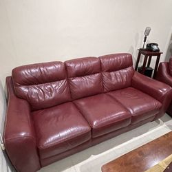 Burgundy Leather Couch and Armchair