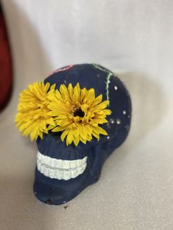 Handpainted Ceramic Skull with Sunflower Eyes
