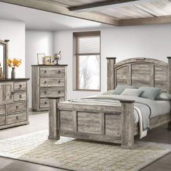 Bedroom Set 4 Pc Grey Weathered Finish. Queen Size. New Especial Price