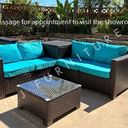 NEW🔥Outdoor Patio Furniture Set Brown Wicker Turquoise Cushions Storage and Cover