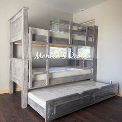 Solid Wood Twin Bunk Bed With Trundle & 3 Memory Foam Mattresses $1,200