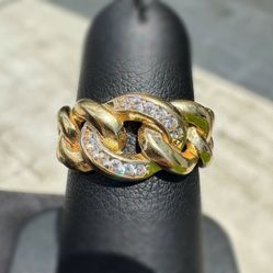 Jewelry 10k solid yellow gold white cz stones 0.20CTW cuban link ring sz 6.00