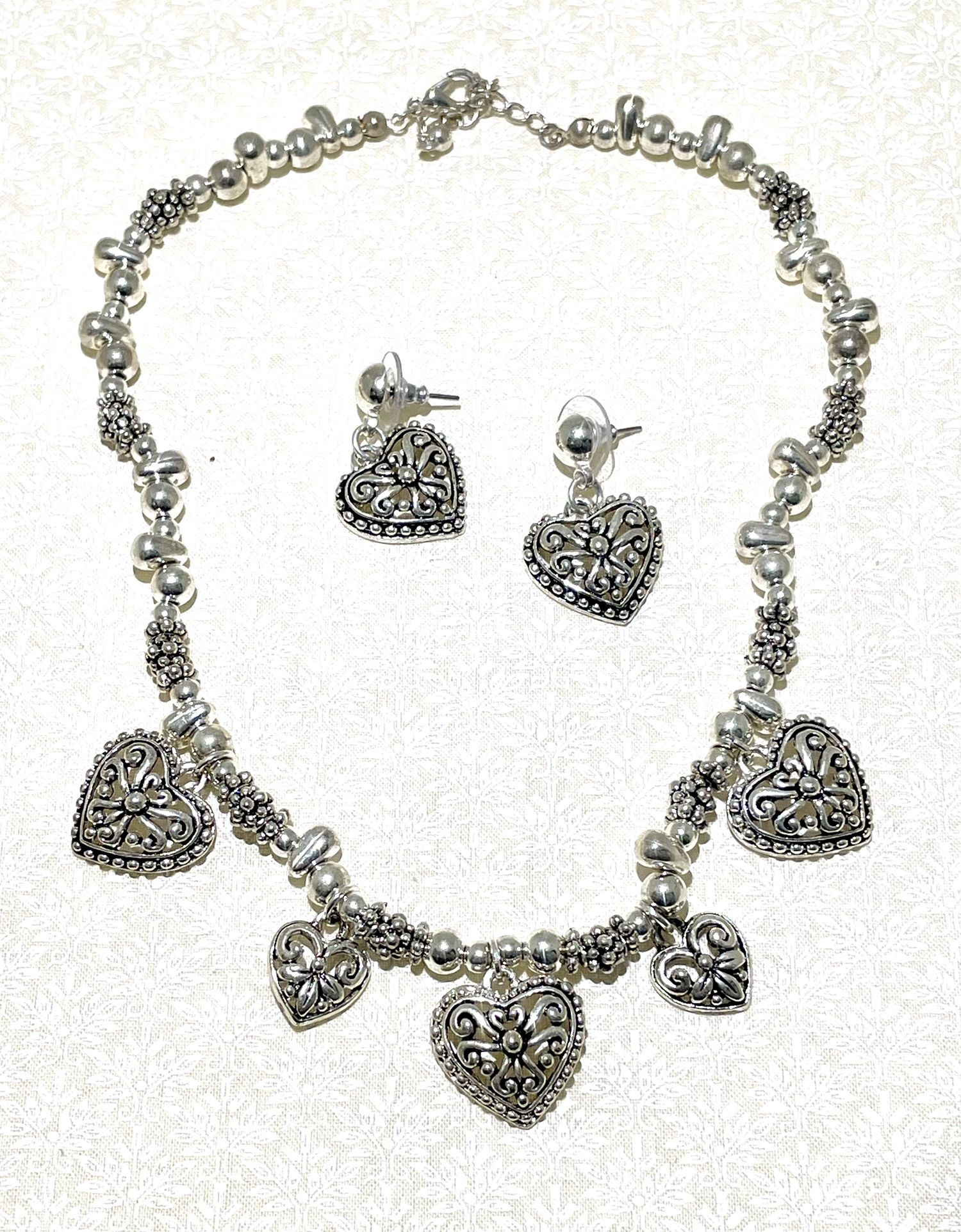 Silver Heart Necklace & Earrings 